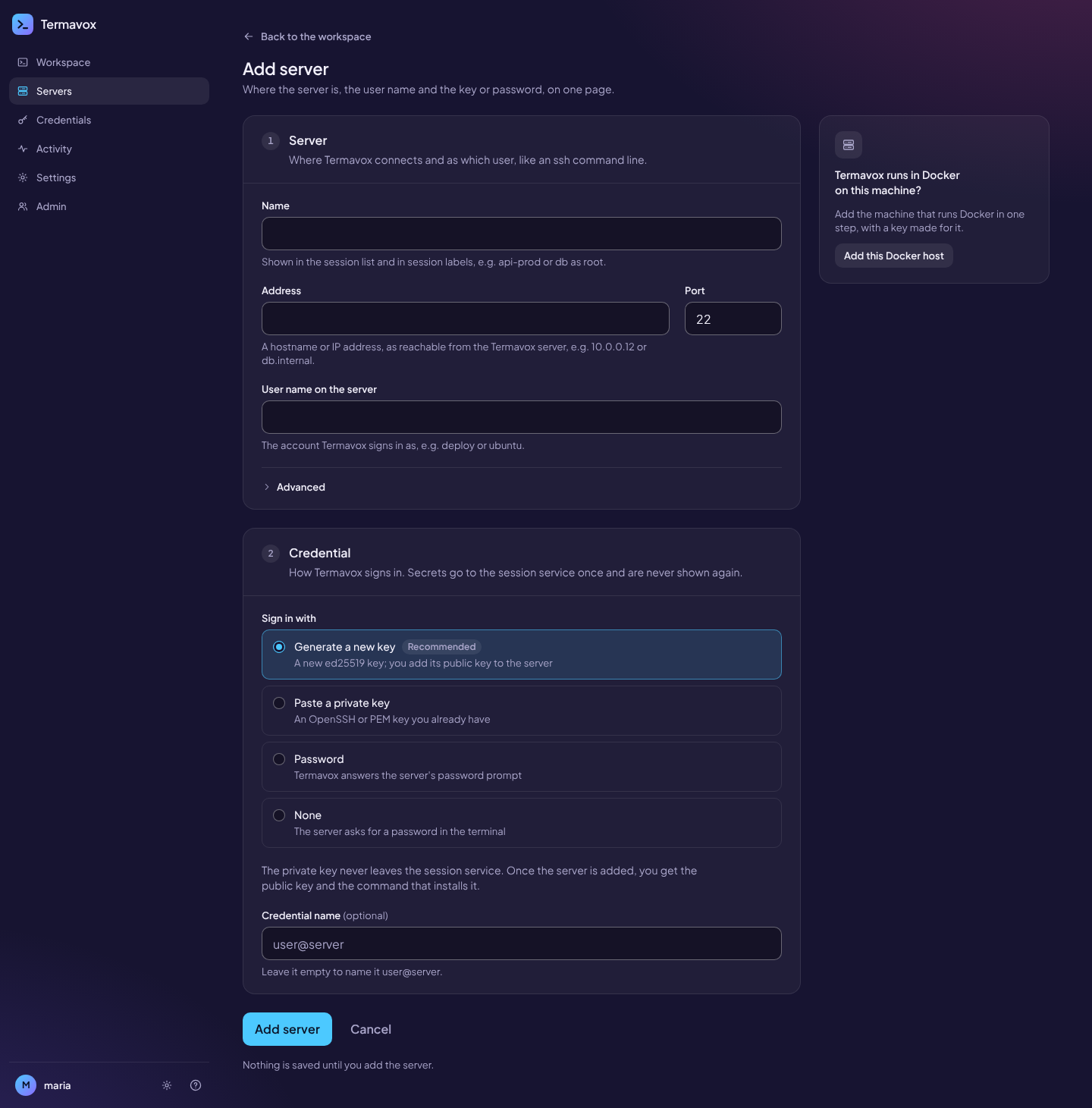 Add server: the server and its credential on one page