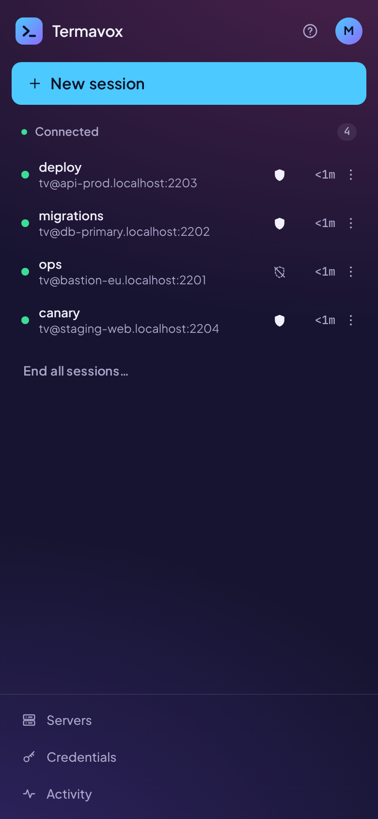 The session list on a phone