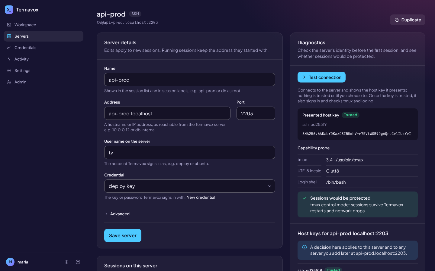 A server's page: its details, diagnostics and host keys